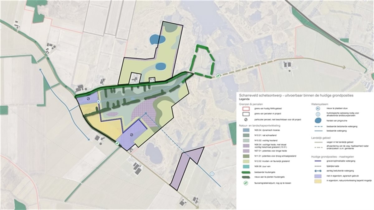 Schetsontwerp voor Scharreveld met projectgrenzen en toekomstige natuur- en landschapsinrichting.